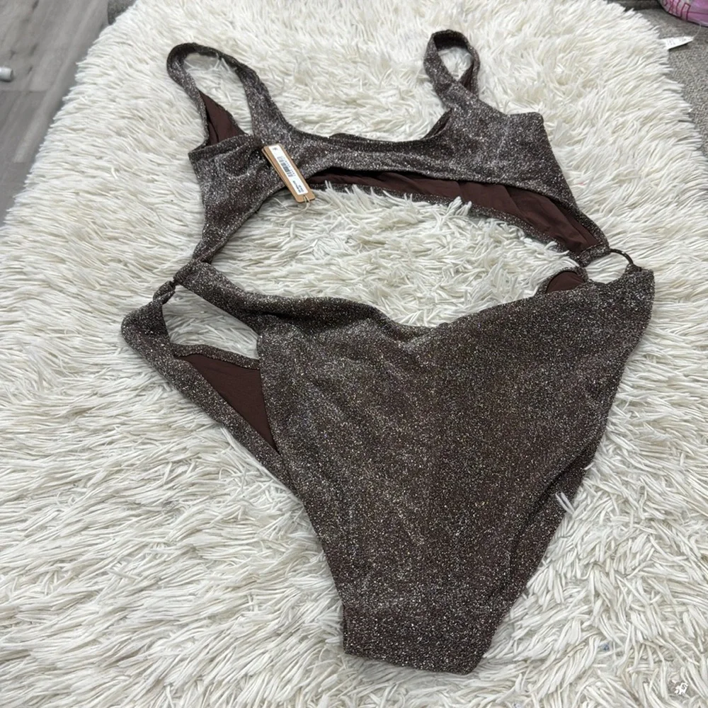 Skims Metallic Glitter Swim Cut Out Monokini One Piece in Cocoa